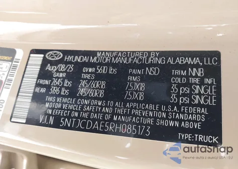 2024 Hyundai Santa Cruz Sel z USA, uszkodzony, nr VIN 5NTJCDAE5RH085173